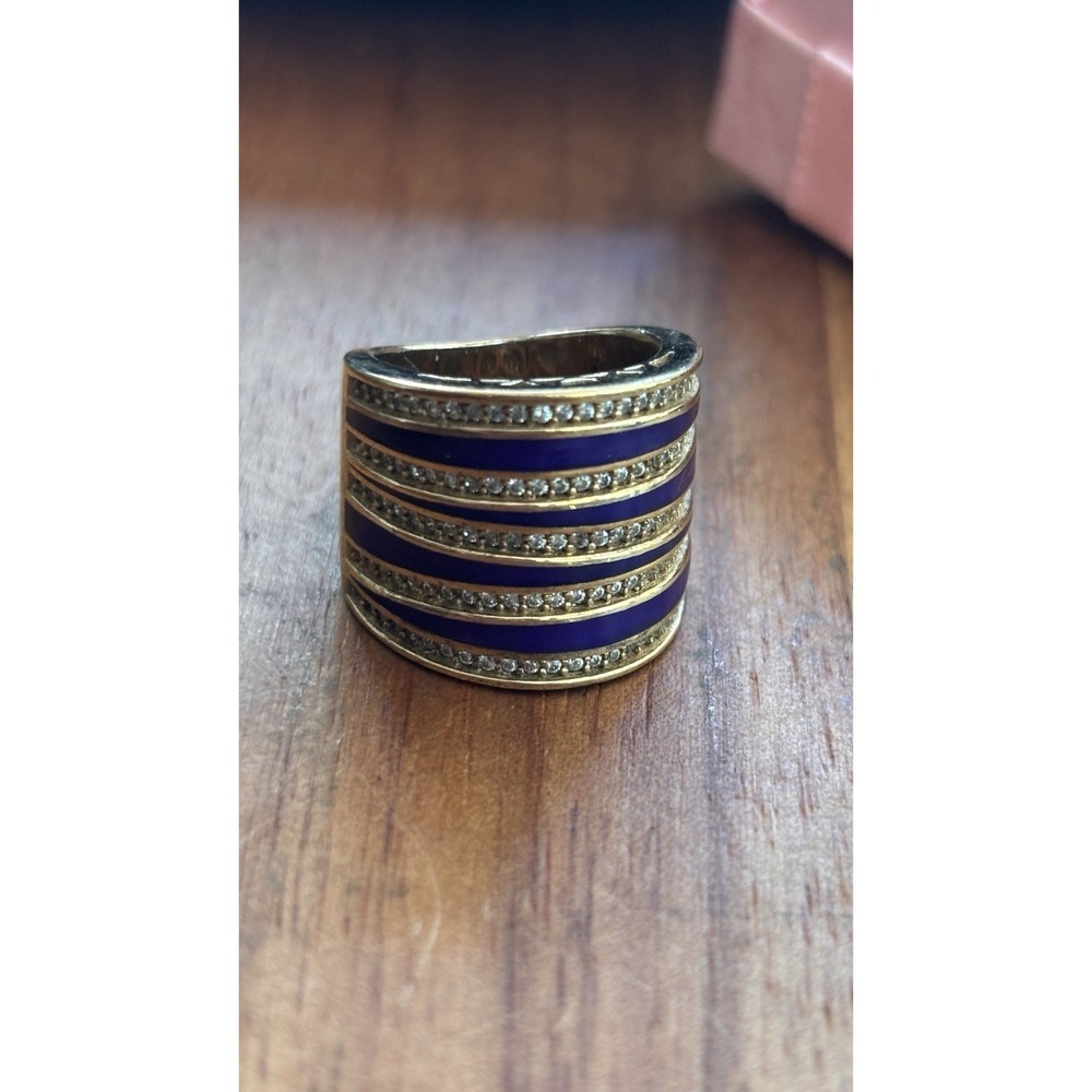 NVDR Vermeil Gold plated Sterling Wide Band Ring Blue Enamel CZ 12.8 Sz 5